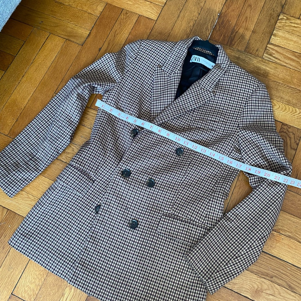 Zara Textured Brown Check Double Breasted Blazer Jacket Size XS - Picture 8 of 10